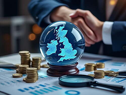 A crystal ball atop a pile of financial documents, reflecting an image of a thriving UK business scene with upward trending graphs. Surrounding the crystal ball are scattered coins, a magnifying glass, a handshake symbol, and a map of the UK, symbolizing financial forecasting, analysis, investor relations, and the UK market focus